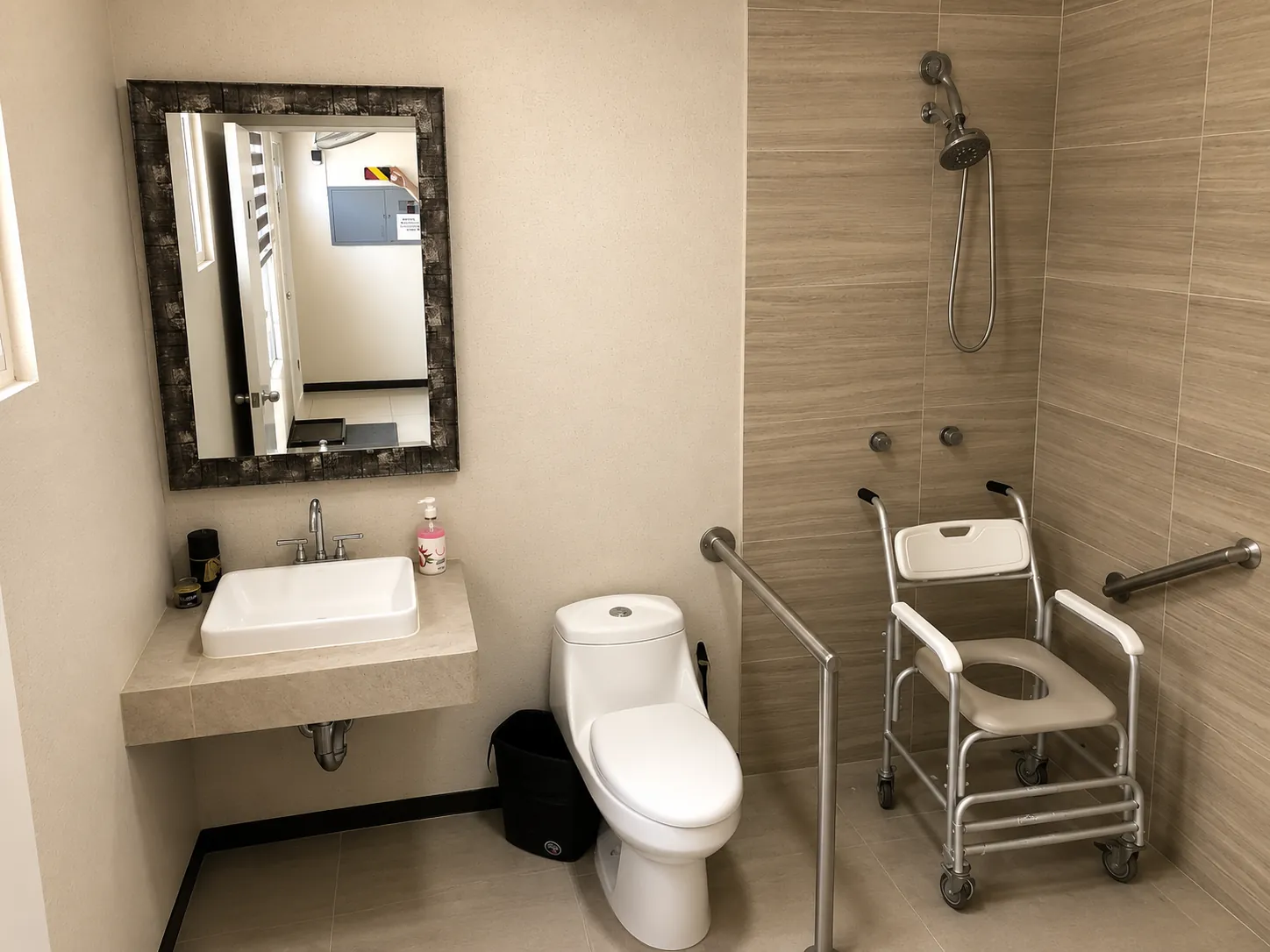 Baño adaptado con silla de baño, barras de apoyo y regadera de teléfono para adultos mayores en Chihuahua