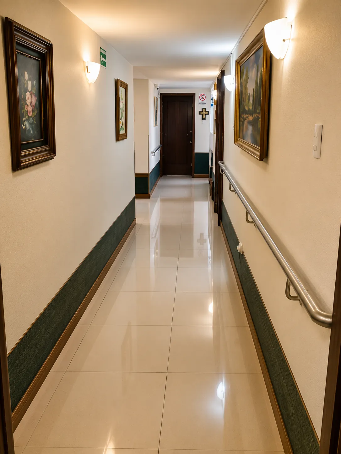 Pasillo interior con pasamanos a ambos lados en Asilo Los Geranios, Chihuahua
