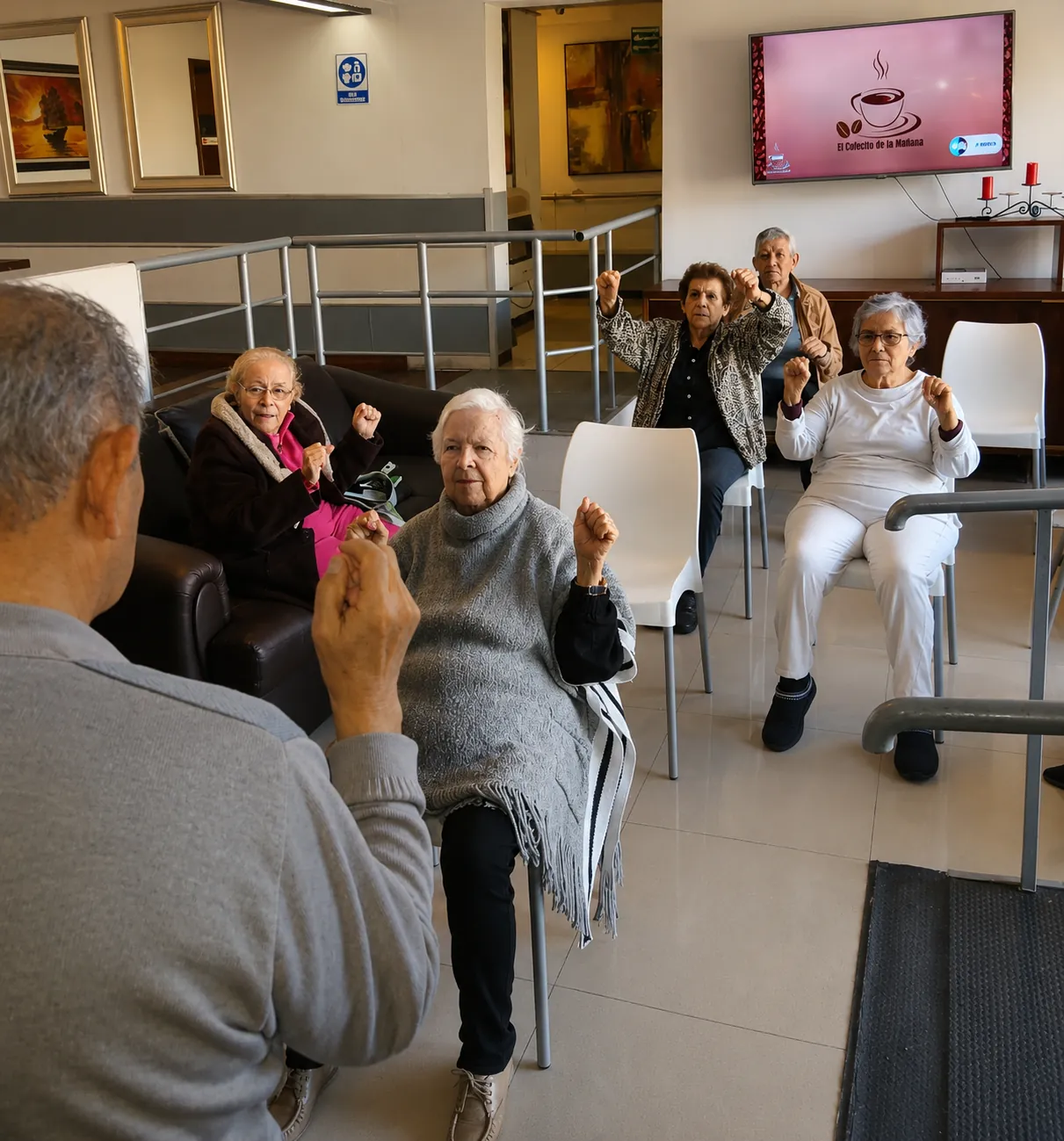 Convivencia de adultos mayores en la sala de Asilo Los Geranios, residencia en Chihuahua